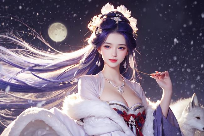 月下雪中仙侠少女持物凝眸图