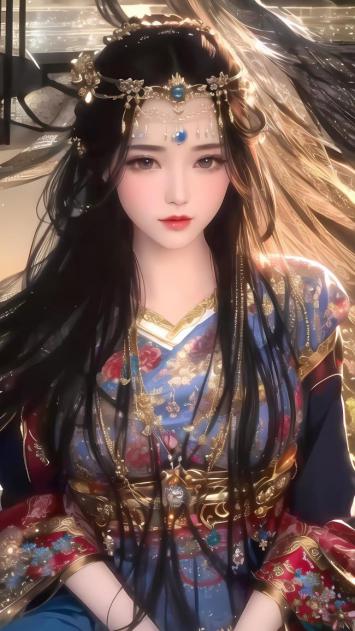 古风汉服美人写真，蓝金华服映月光