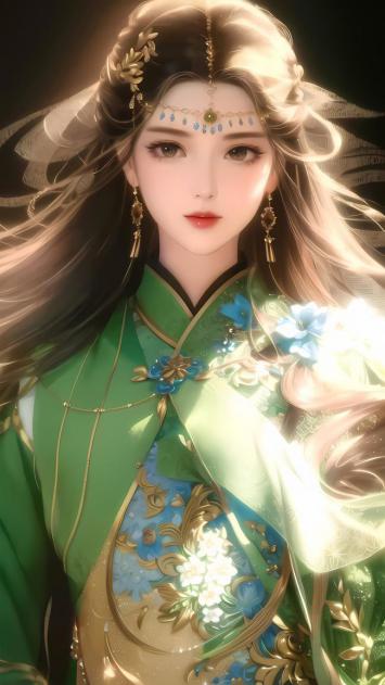 古风绿衣仕女，工笔重彩仙气写真