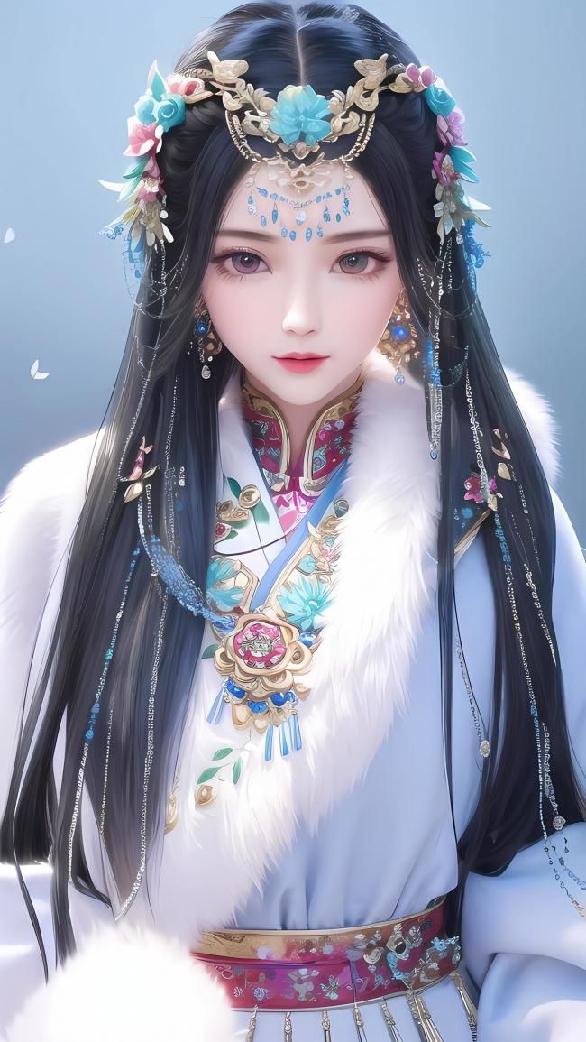 古风仕女汉服写真，精致头饰与毛领华服