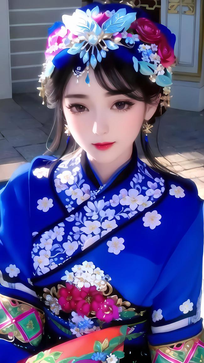 蓝袍花冠美人写真 · 汉服摄影级还原