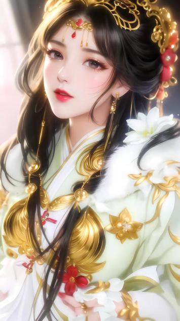 古风仕女水墨动漫图，金饰华服映柔光