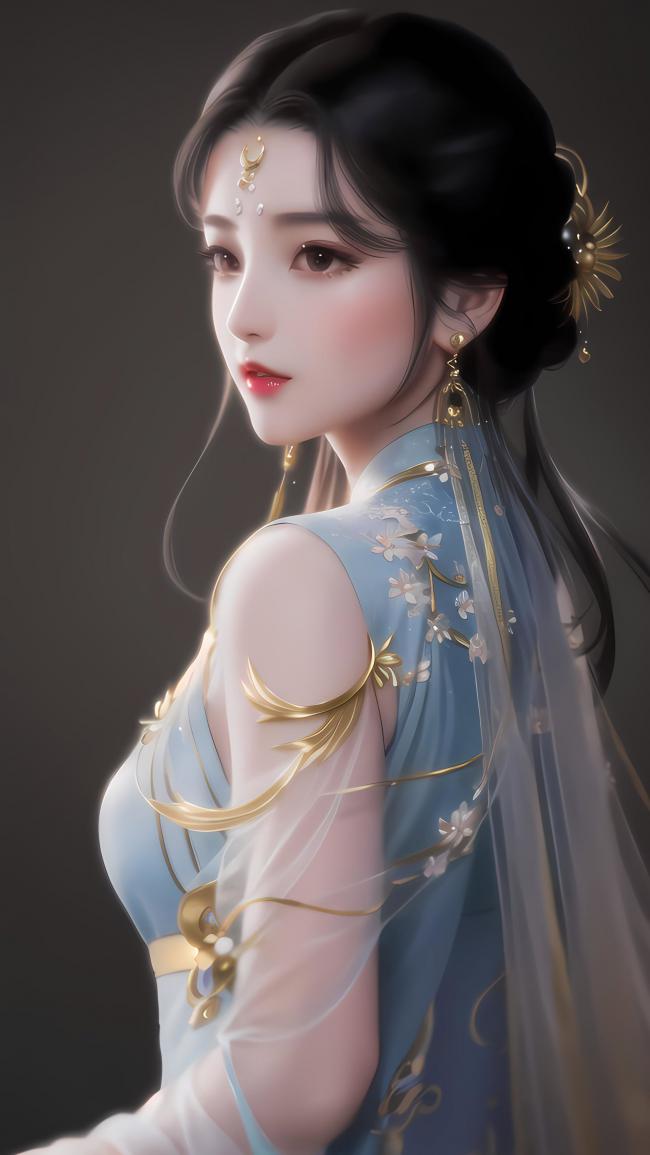 古风仕女水墨写真，淡蓝汉服配金饰回眸