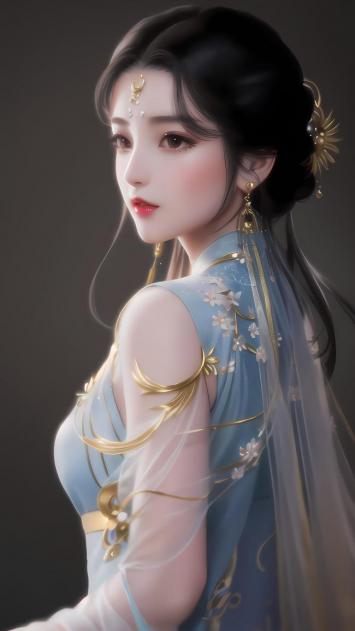 古风仕女水墨写真，淡蓝汉服配金饰回眸