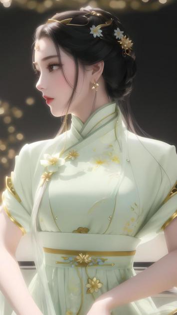 淡青汉服仕女侧颜图，水墨动漫风