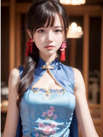 蓝色汉服少女写真，柔光室内肖像