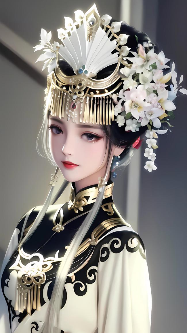 汉服写真美女头戴金冠白花，光影柔美8K细节