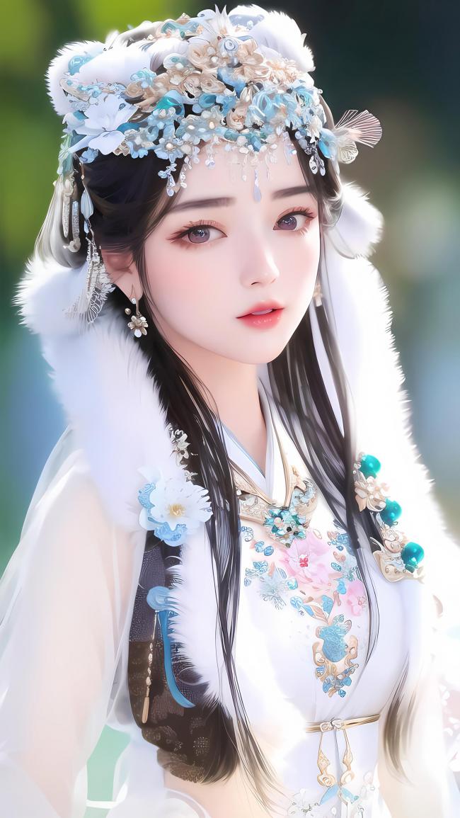 古风汉服美人写真，蓝白花冠映柔光