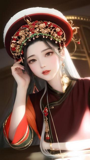 古风仕女水墨动漫插画，华冠丽服温柔凝眸