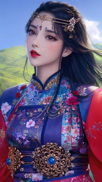 古风汉服美女写真，山水背景柔光映衬