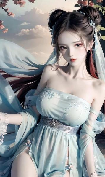 淡青汉服少女樱花月下静立图